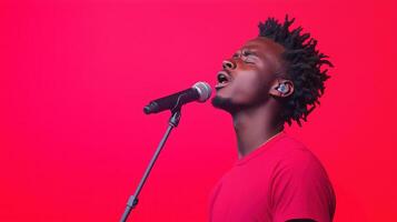 Portrait of a Singer with Cleft Palate Performing Passionately on Stage in Front of a Vibrant Red Background photo