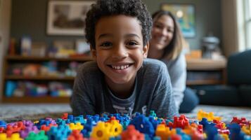 Happy 7-Year-Old Boy with Autism Plays with Colorful Shapes Indoors, Smiling and Engaged in Sensory Activity, Bright and Joyful Scene, Child Development and Learning Concept Illustration photo