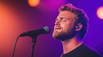 Singer with Cleft Palate Performing on Stage Under Vibrant Lighting at a Concert with Microphone and Emotional Expression photo