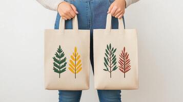 Tote Bag Design Featuring Hand Drawn Festive Leaf Illustrations in Green, Yellow, and Red Colors Ideal for Autumn and Holiday Seasonal Style Merchandise Display photo