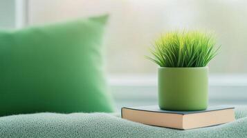 Cozy Reading Session by the Window Featuring a Plush Green Pillow and Potted Plant in Dreamy Atmospheric Aesthetic Focused on Relaxation and Peaceful Ambiance with a Touch of Natural Harmony photo