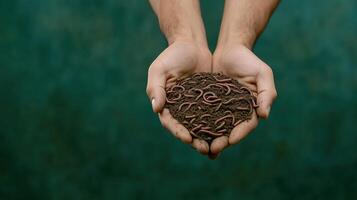 Hands Holding Earthworms With Soil Illustrating Organic Composting And Sustainable Food Waste Recycling Concept photo