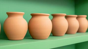 Terracotta Vases on Green Shelves in Cliffside Pottery Studio with Focus on Elegant Minimal Design for Home Decor and Artistic Display photo