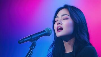 Singer with Cleft Palate Performing on Stage Under Vibrant Neon Lights in Colorful Ambiance Focusing on Music and Overcoming Challenges in a Contemporary Artistic Expression of Talent photo