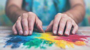 Hands Resting on Colorful Abstract Painting Surface, Conveying Strength and Creativity Despite Muscular Dystrophy, Emphasizing the Vibrancy and Passion Behind Artistic Expression in Adversity photo