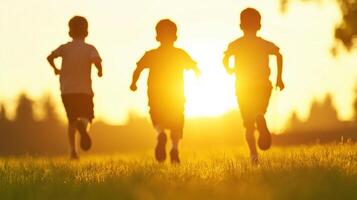 Children Running in Park at Sunset Capturing Joyful Childhood Moments and Family Bonding During Golden Hour in a Tranquil Nature Setting photo