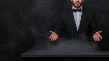 Mysterious Magician Performing Mind-Blowing Levitating Trick in Dark Elegant Suit with Bowtie, Creating Dramatic Smoky Atmosphere, Showcasing Magic Talent and Skillful Illusion Techniques photo
