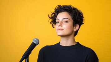 Confident woman short curly hair standing near a microphone against a yellow background Studio portrait emphasizing self-expression music creativity Concept performance podcasting, or public speaking photo