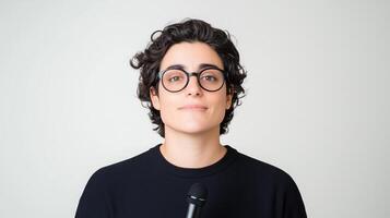 Confident Nonbinary Individual in Black Sweater Holding Microphone for Presentation Against Plain Background photo