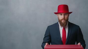 Bearded man in a dark suit with a red tie and matching red hat holding red box against a gray background Studio portrait combining elegance, fashion mystery formal style presentation individuality photo