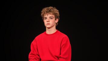 Studio portrait of a young boy wearing a red sweatshirt against a black background Minimalist composition emphasizing expression, simplicity, and contrast Concept for youth, fashion, and individuality photo