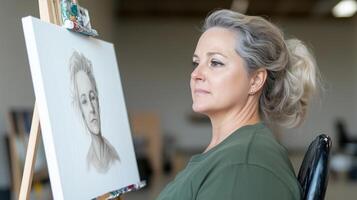 Realistic Portrait of a Woman with Cerebral Palsy in Art Studio Capturing Emotional Expression and Determination in Artistic Setting photo