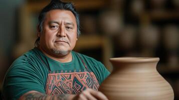Cherokee Artist Creating Traditional Pottery in Studio with Intricate Patterns and Cultural Significance photo