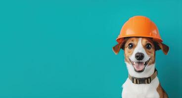 Cute Dog Wearing Construction Helmet with Happy Expression Against Solid Teal Background for Funny and Inspirational Design Concepts photo