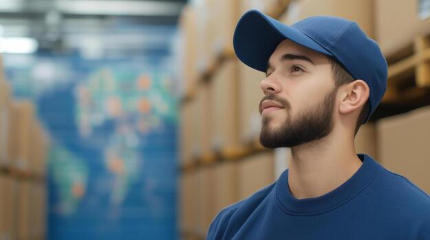 trabajador examinando suministro cadena administración mapa en almacén con atención en logística y distribución procesos foto