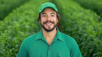 Smiling Agronomist at Organic Vaccinium Cesariense Plantation in Vibrant Green Farm Landscape with Healthy Crops and Sustainable Agricultural Practices in Countryside Setting photo