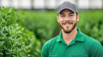 Smiling male worker wearing a green uniform cap standing in a lush greenhouse Portrait emphasizing agriculture sustainability, and professional farming modern horticulture and eco friendly practices photo