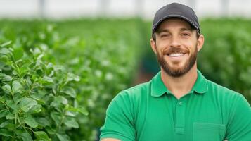 Smiling Agronomist in Green Polo with Vaccinium Caesariense at Lush Organic Plantation photo