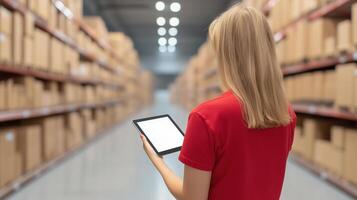 Woman Using Tablet for Inventory Management in Warehouse Aisle with Boxes and Shelves, Concept of Supply Chain Efficiency, Technology in Retail, Smooth Workflow, Back View photo
