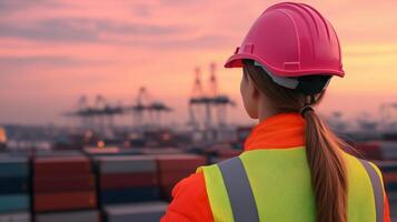 Worker Overseeing Operations at Bustling Container Port During Sunset with Reflective Gear and Safety Helmet photo