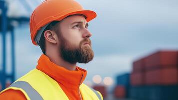 Worker Overseeing Operations at Busy Container Port Wearing Safety Gear with Focused Expression Under Overcast Sky photo