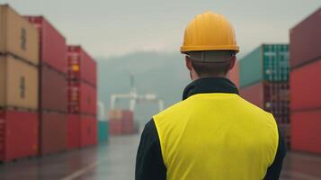 Worker Overseeing Operations at a Busy Container Port During Overcast Weather Reflecting Global Trade and Logistics photo