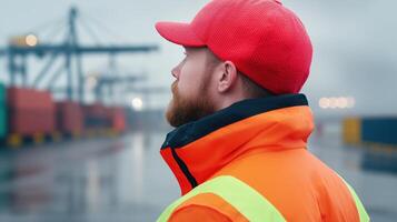Worker Overseeing Operations at a Busy Container Port on a Overcast Day with Focus on Logistics and Maritime Industry Safety Gear photo