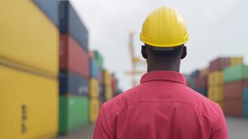 Worker Overseeing Operations at Bustling Container Port with Colorful Shipping Containers on Cloudy Day in Modern Logistics and Transportation Hub photo