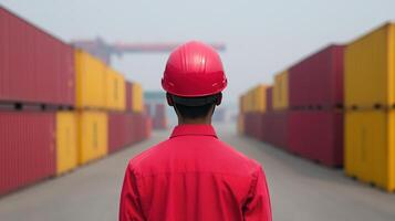 Worker Overseeing Operations at a Busy Container Port in Bright Red Safety Gear Amidst Vibrant Shipping Containers photo