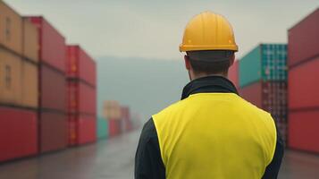 Worker Overseeing Operations at Bustling Shipping Container Port with Stacked Cargo Containers and Cloudy Sky photo