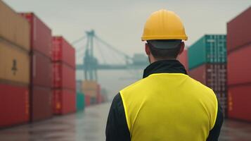 Worker Overseeing Operations at Busy Container Port with Stacked Cargo Containers and Industrial Equipment in Overcast Weather photo
