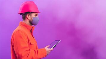 Worker Using Thermal Imaging Tablet on Construction Site with Hard Hat for Safety and Efficiency in Modern Building Projects photo
