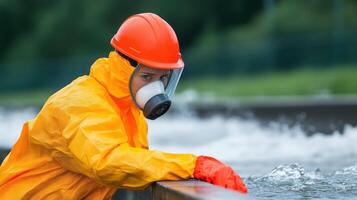 Environmental Engineer in Protective Orange Gear Analyzing Water Quality with Focused Precision in Natural Setting with Safety Equipment and Advanced Technology Concepts photo