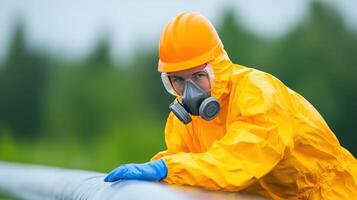 Environmental Engineer in Protective Gear Meticulously Inspecting Pipeline in Forested Area, Highlighting Safety, Compliance, and Eco-Friendly Practices in Industrial Engineering Workspaces photo