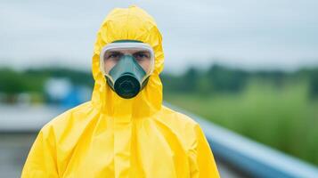 Man wearing a yellow hazmat suit with a gas mask outdoors Concept emphasizing safety, hazardous environments, and protective measures for environmental or industrial scenarios photo