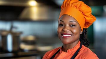 Deaf Chef Teaching Cooking Class Using Sign Language in Professional Kitchen with Orange Attire and Cap, Focus on Diversity and Inclusivity in Culinary Arts, Smiling Instructor Engaged photo