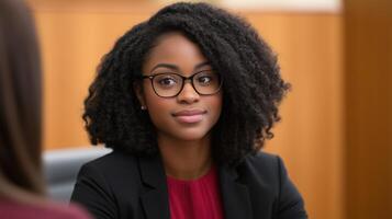 Professional Black Woman Legal Adviser Engaging in Discussion with Client in Office Setting for Business Consultation photo