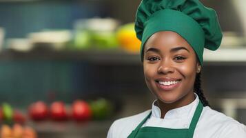 Portrait of a smiling female chef wearing a green hat and apron in a professional kitchen Background featuring fresh ingredients and a culinary setting cooking, hospitality professional chefs photo
