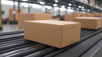Cardboard Boxes on Conveyor Belt in Warehouse Setting Highlighting Logistics and Distribution Processes in Modern Industrial Environment With Focus on Packaging Efficiency and Supply Chain Dynamics photo