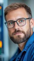 Bearded Computer Engineer Wearing Glasses Closely Examining Circuit Board in Modern Technology Lab Setting photo