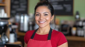 Cheerful Hispanic Woman Barista Using Digital Tablet in Cozy Coffee Shop Environment with Modern Technology Integration and Warm Atmosphere photo
