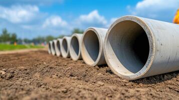 Concrete Pipes Installation Along Roadway Depicting Infrastructure Development and Construction Progress in Urban Environment Under Blue Sky with Clouds photo