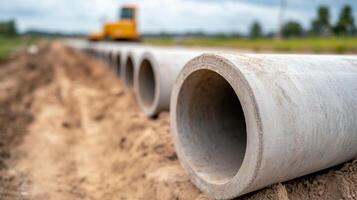 Concrete Pipes Installation Along Road for Infrastructure Development in Rural Area with Construction Machinery Visible in Background Under Cloudy Sky photo