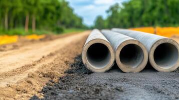 Infrastructure Development with Concrete Pipes Installation Along Rural Road for Modern Civil Engineering Project Including Sustainable Construction and Environmental Integration photo