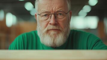 Elderly Craftsman Intently Carving Wood in Workshop Setting with Natural Lighting photo