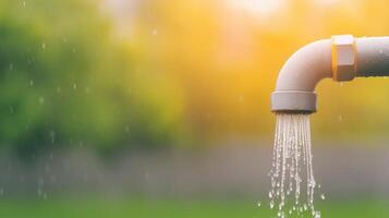 Home Water Damage Emergency Repair Scene with Broken Pipe Outdoors Releasing Water Against Blurred Nature Background During Sunset in Spring Day with Water Droplets and Green Grass View photo