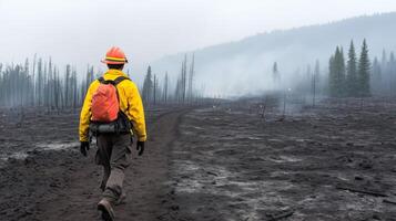 Firefighter Walking Through Burned Forest Landscape, Smoke in Background, Safety Gear, Charred Trees, Environmental Impact, Emergency Response, Wildfire Aftermath, Conservation Efforts photo