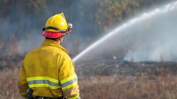 Firefighter Controlling Forest Blaze with Hose in Daylight, Wearing Protective Gear, Demonstrating Courage and Teamwork in High-Pressure Situations for Emergency Response and Fire Safety Training photo