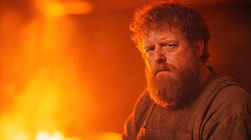 Portrait of a male blacksmith with a beard in a workshop illuminated by a fiery orange glow. Concept of traditional craftsmanship and metalworking. photo