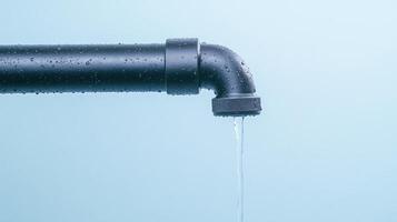 Leaking Pipe with Water Droplets Causing Damage Highlighting Urgency and Repair Needs in Domestic Plumbing on Blue Background photo